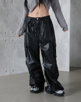 leather cargo string jogger wide pants
