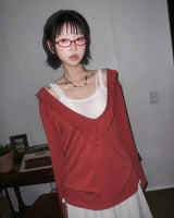 (3color) Ruffle Deep V-neck Slim Long Sleeve Tee