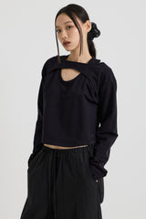 コットンレイヤード長袖Tシャツ, Black