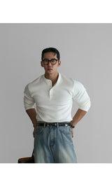 Ribbed Henley Neck Muscle Long Sleeve Knit Tee [Ivory]