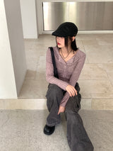 タリーボカシシャーリングリブカラーボタン長袖カーディガン