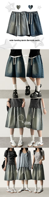 New Ring waistband vintage washed denim Bermuda shorts