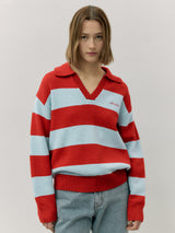 WOOL BLENDED COLLAR STRIPE BOARDER KNIT RD+BL