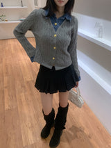 Perry Denim-Layer Cable Knit Long Sleeve Cardigan