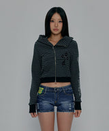 DIAGONAL PATCHED STRIPE HOODED ZIP-UP_CHARCOAL