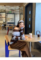 wool mohair stripe off-shoulder long-sleeved knitwear