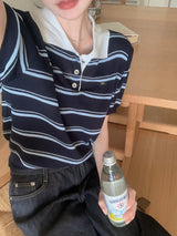 Border Collar Button Short Sleeve Knit (4color)