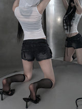 cross studded black denim shorts