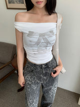レースオフショルダーコルセットリボンプリントショートスリーブTシャツ(White)