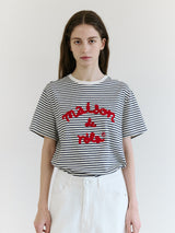 ストライプ メゾン ド ロラ エンブロイダリー Tシャツ ブルー