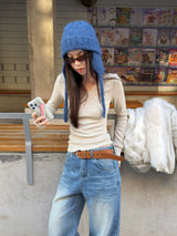 wool base lace V-neck long-sleeved t-shirt
