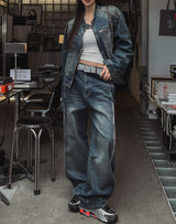 オーシャンウォッシングステッチバイカーデニムジャケット