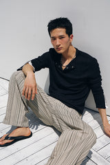 Contrast ribbed henley long Sleeve(Black)