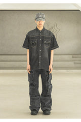 WESTERN WASHED MN POCKET DENIM HALF SHIRTS MSFST003-BK