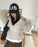 Bima Stripe Pocket Loose-Fit Long Sleeve Hoodie Zip-Up