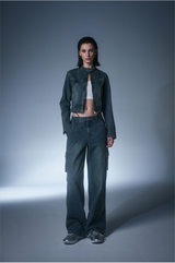 Sand Washing Crop Biker Denim Jacket