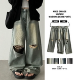 Andy Knee Damage Cutting Deep Washed Denim Wide Pants