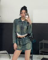 Beto Washing Cut Crop Denim Set Jacket