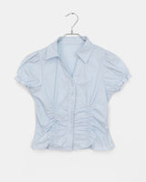 Pique Checkered V-Neck Shirring Puffed Short-Sleeved Blouse
