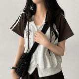 Coming Two-Way Line Coloring Short Sleeve Hooded Zip-Up