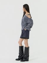 One-shoulder Blanc Ribbon Shirring Detail Top, Charcoal
