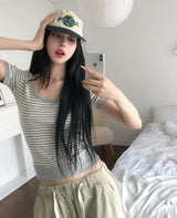 Tiny Stripe U-neck Elbow Length T-shirt