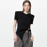 ショルダーパデットワッフルTシャツ _ ブラック