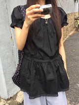 Poly Lace Ribbon Short Sleeve Blouse One Piece