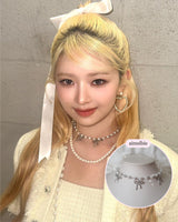 [IVE Rei Necklace] Three Ribbons Pearl Choker Necklace - Silver Color