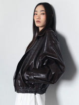 Glossy Leather Bomber Jacket_Brown