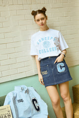 スカイブルークラシックビッグロゴクルーネックホワイトショートスリーブTシャツ [Unisex]