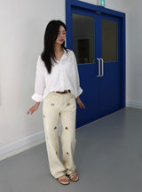 PUPPY EMBROIDERED CREAM DYED STRAIGHT DENIM code 26226