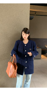 Renee Navy No Collar Round Half Coat