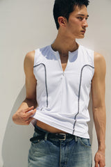 Curved half zip up sleeveless(White)