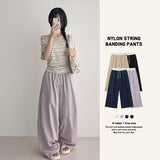 Lavender💜 Waist color-contrast nylon slacks wide pants (4 colors) #CrinklePants