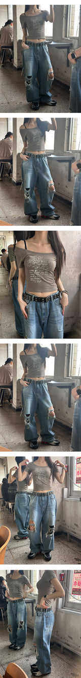 [Unisex] 膝下ダメージワイドデニムパンツ