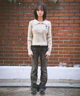 Gothic Cross Embroidery Knit Zip-Up_Beige