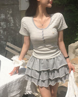 [MADE] Wow, ストライプUネック半袖Tシャツ