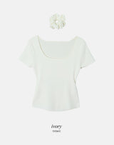 #Back Slit Square Short Sleeve Knit + Scrunchie Set (5color)
