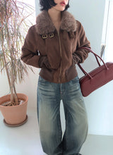 Fur collar high neck slim fit short suede coat