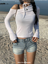 Unbuttoned off-shoulder halter strap long sleeve T-shirt (3 colors)