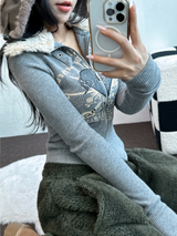 FUR🤎🧸CROPPED HALF PRINTING JUMPER ZIP UP🩶🖤2COLOR