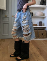 Raw Destroyed Bermuda Denim Pants