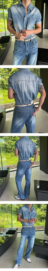 [MUSCLE FIT] Slit snap button denim shirts (3color)