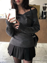 ノッツダブルボタンオフショルダースリムニット