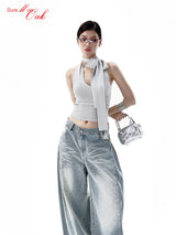 Summon Oak Pure Desire Basic Versatile Thin Short Streamer Slim Halter Backless Knitted Vest for Women