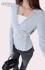 グレー Vストライプ ラップ ロングスリーブ Tシャツ
