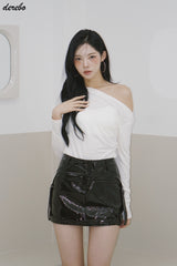 アンバランスオフショルダーシャーリングベーシック長袖Tシャツ