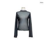 (3color) Wave Half-Neck Check Sheer Tee