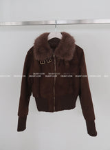 Fur collar high neck slim fit short suede coat